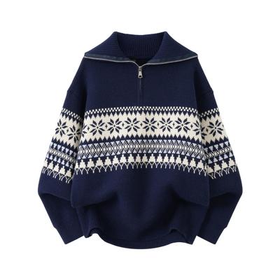 Unisex Fair Isle High Neck Half-Zip Sweater: Retro Lazy Style Knitwear for Autumn/Winter