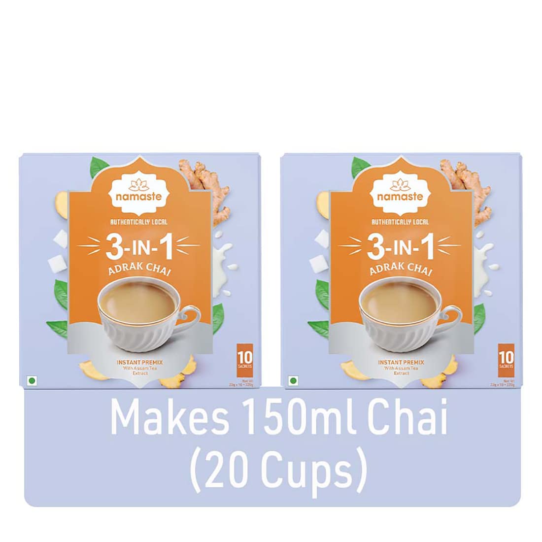 Namaste Chai Instant Tea Premix, Adrak Chai | Assam | Ginger | Milk and Sugar | Ready Mix (22 grams x 20 Sachets,Powder) Pack of 2