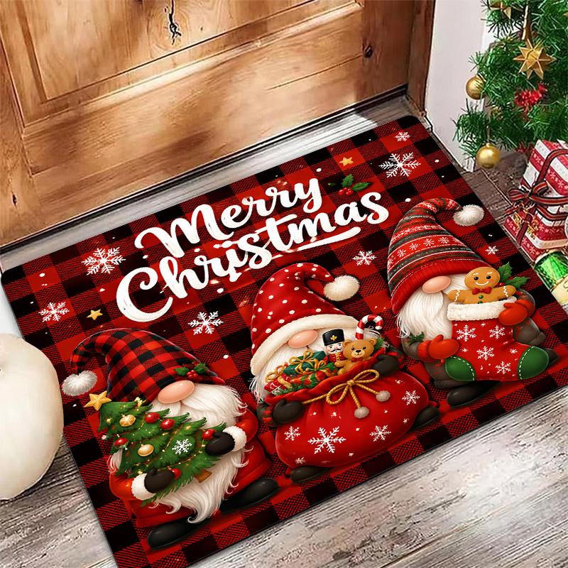 Poinsettia Plaid Christmas Floor Rug Checkered Green Leaf Berry Print Non Slip Carpet For Festive Season Home Entrance