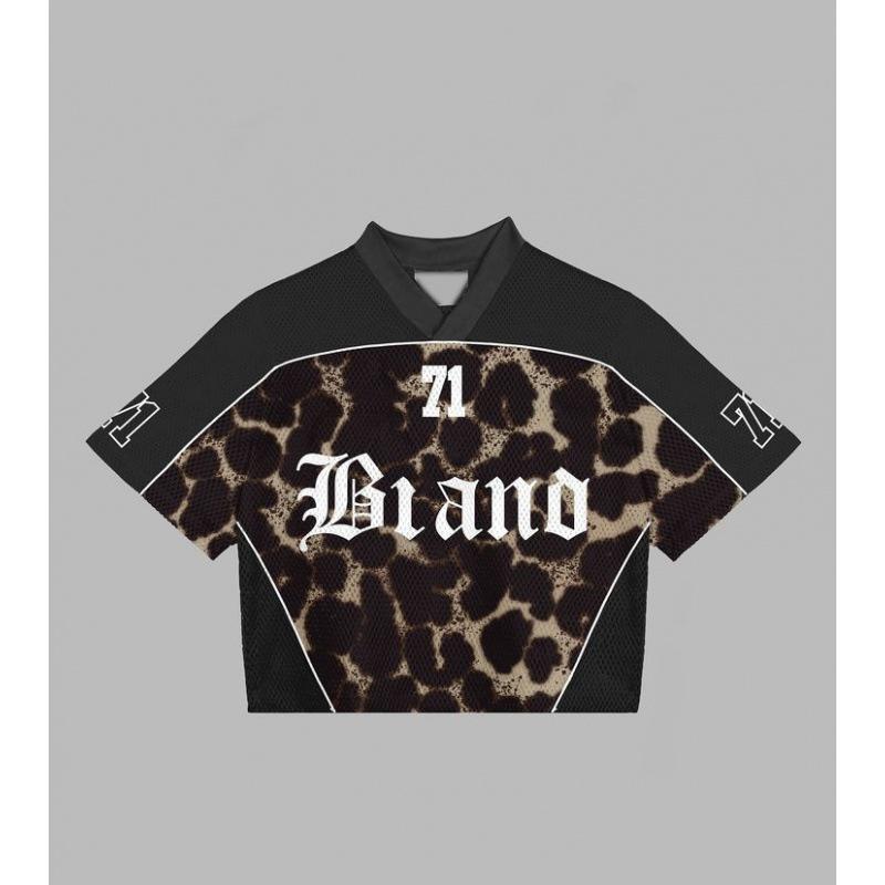 American leopard print new retro T-shirt V-neck jersey high-end digital printing loose hip-hop men s and women s same top S