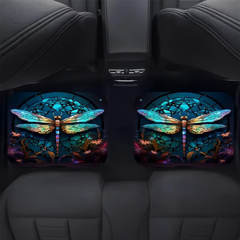 4pcs Dragonfly Pattern Printed Car Floor Mats - Universal Front And Rear Full Coverage Interior Decoration Additions, Suitable for Sedans, Vans
