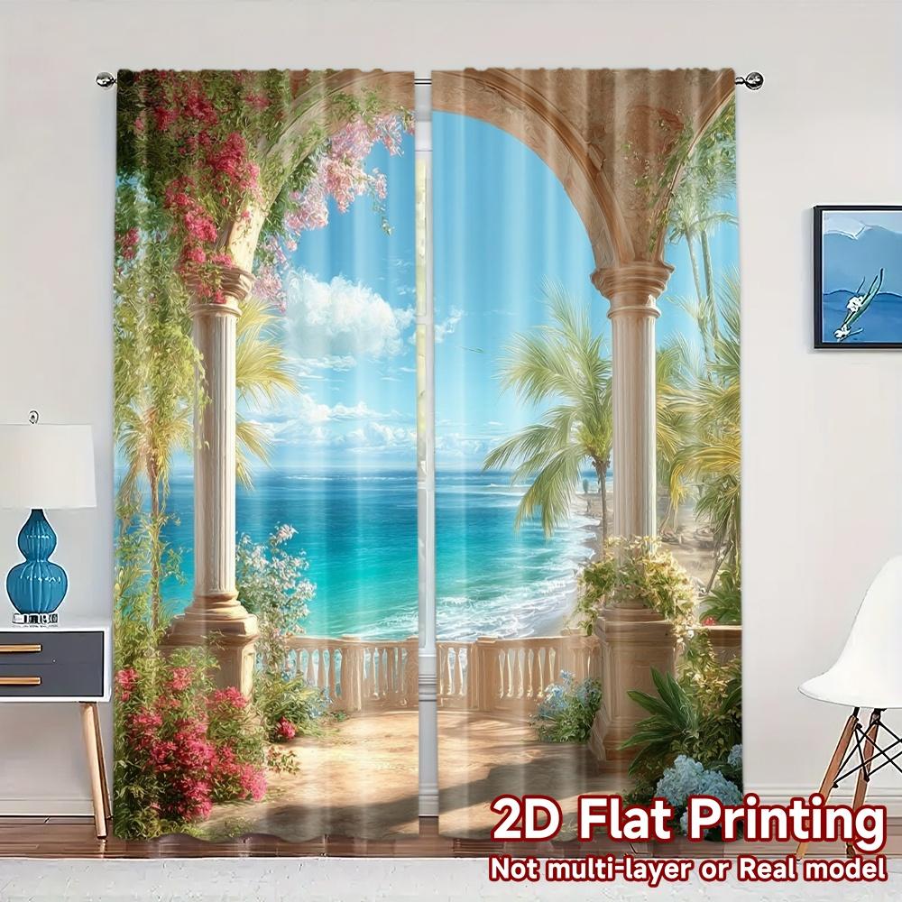 

Modern Flat Printing Curtains Without Rod Seaside Balcony Durable Polyester Light Filtering Set Of 2 Made Patio Decor W100*H70(CM)-Grommet top&2PCS