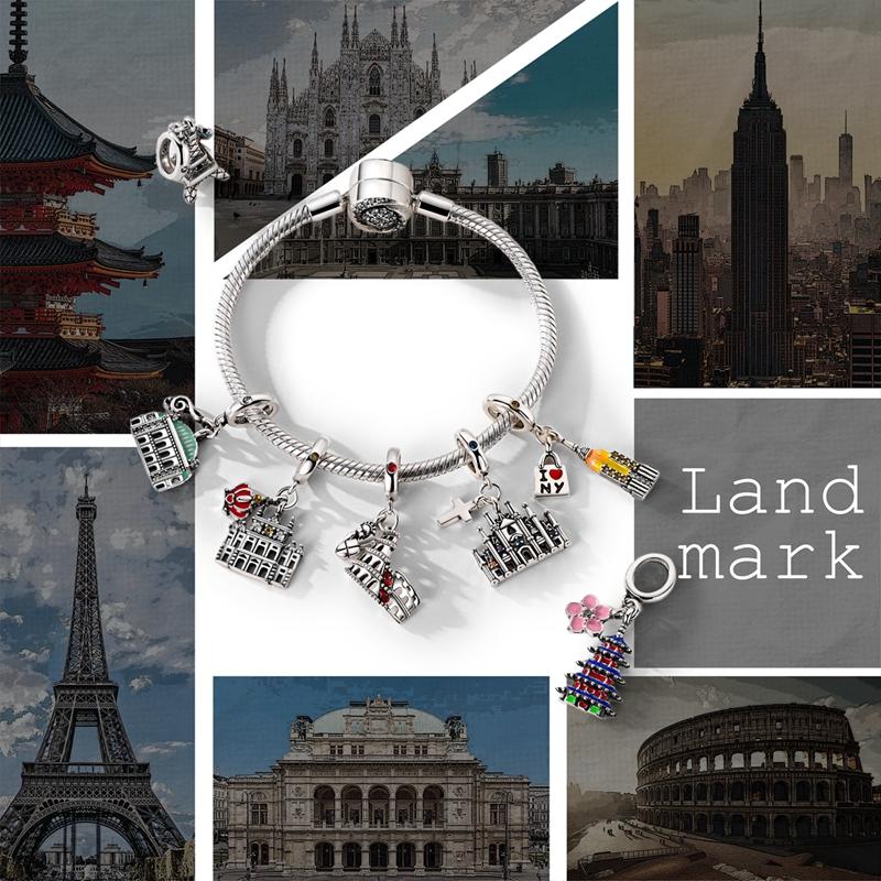 Original Copper Charms Beads Paris Eiffel Castle Church Pendant Fit Bracelet Bangle Pendant Women Diy Jewelry Gift