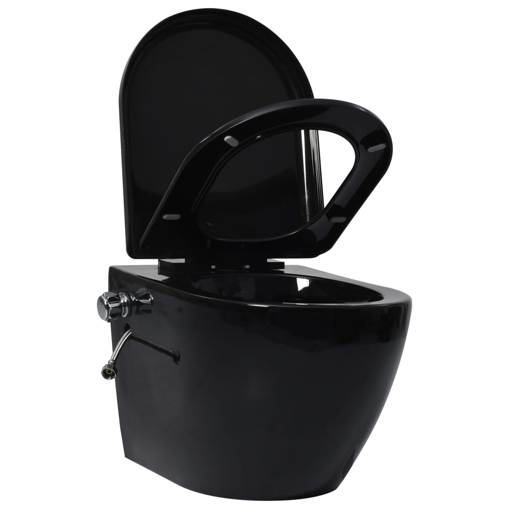 Wall Mounted Toilet without Rim Flush and with Bidet Function Ceramic Black