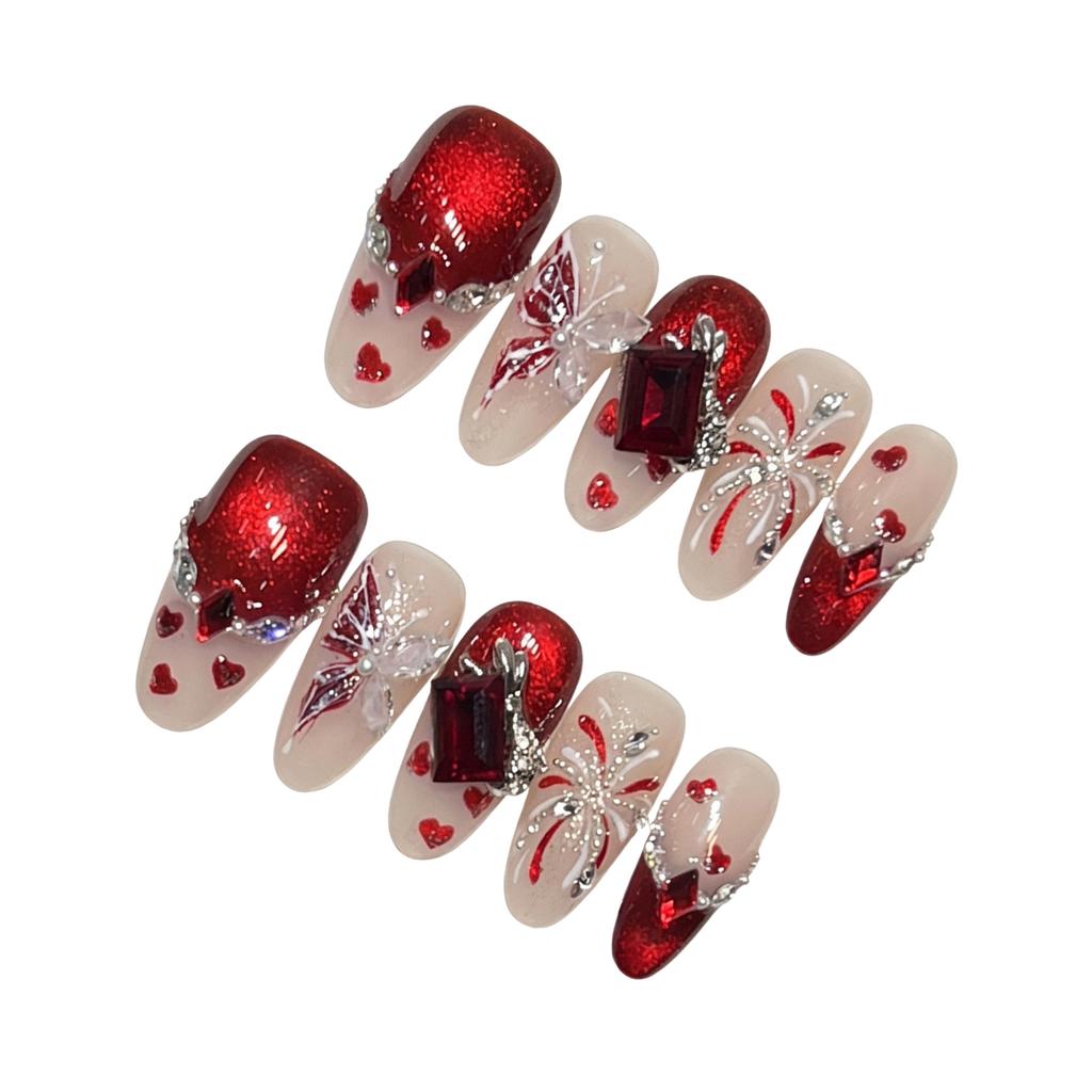 10Pcs Artificial Nails Red Cat-Eye Crystal Fake Nails With Butterfly Design For Holiday Party