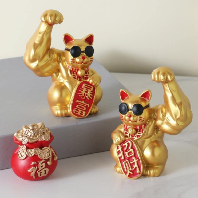 Scultura di Gatti Fortunati con Braccia Muscolose Statuetta di Gatti della Fortuna e della Ricchezza per Prosperità Decorazione Desktop Casa e Ufficio Fengshui