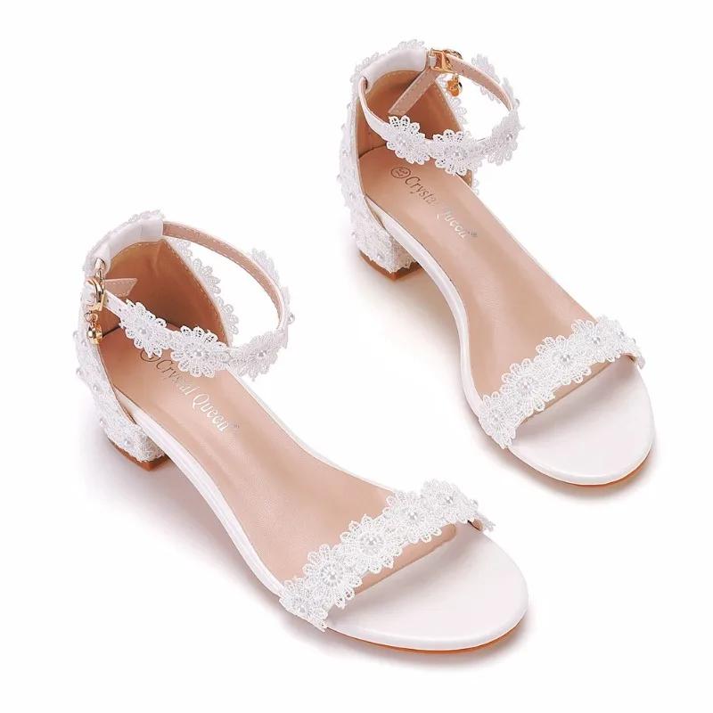 Mode Sommer Damen Hohe Absätze Sandalen Schnur Perlen Schnalle Riemen PU 9CM Quadratischer Absatz Braut Hochzeit Damenschuhe Weiße Pumps