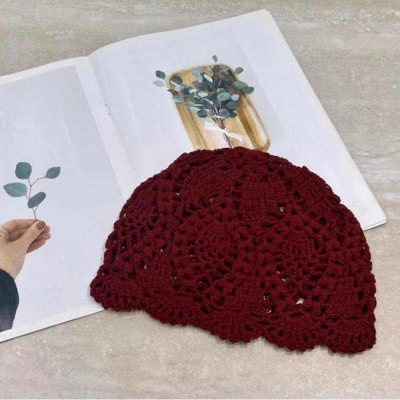 Pure Handmade Crochet Hollow Flower Bag Head Hat Women's Spring and Summer Thin Temperament Crochet Hat Versatile Pullover Hat