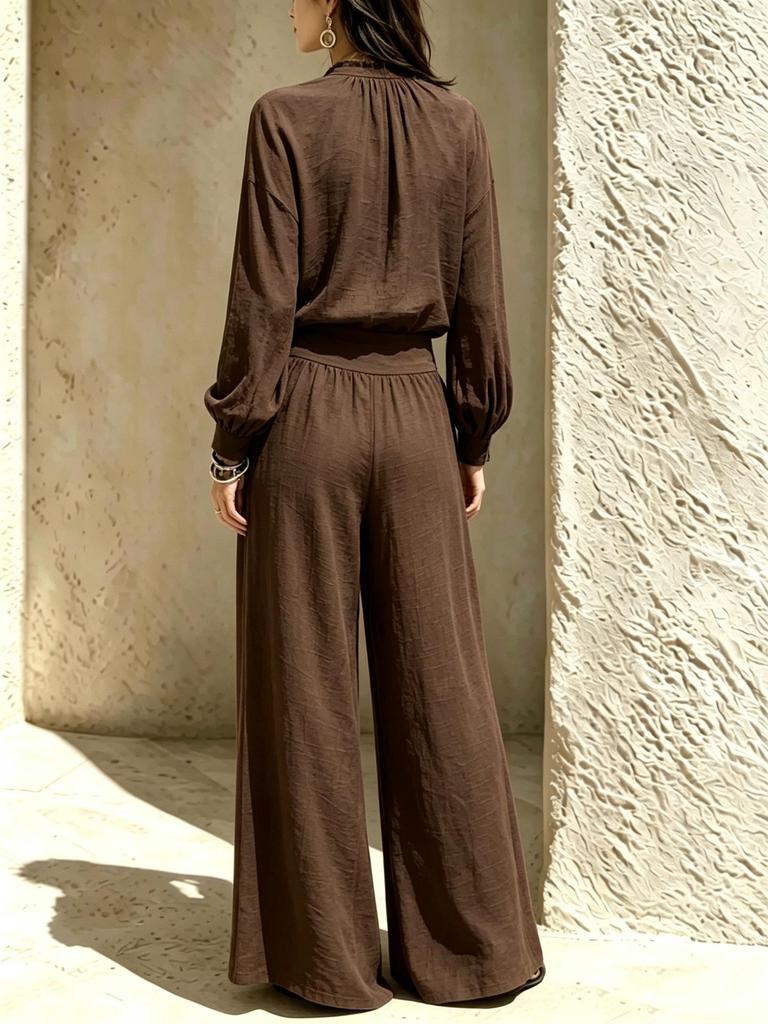 2026 Herbst Europäisches & Amerikanisches High-End Freizeit-Set mit Stehkragen: Damen lockeres Oberteil mit Weitbein-Hose