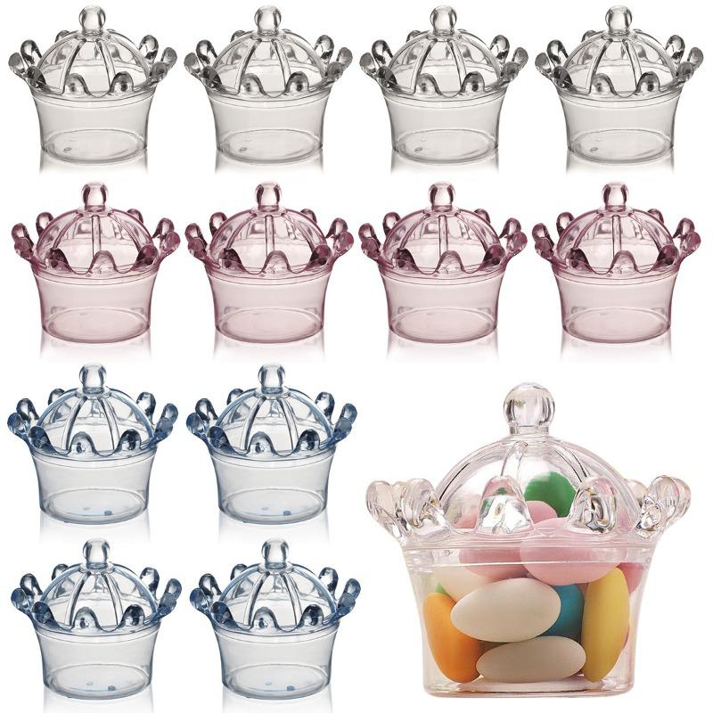 12/24pcs Transparent Crown-Shaped Plastic Boxes with Lid Wedding Favor Box Party Candy Container Packaging for Treats & Trinkets
