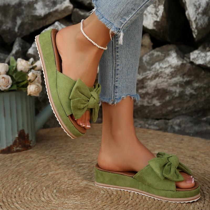 Women's Summer Wedge Thick-Soled Peep-Toe Bow Slide Sandals, Beach Casual Footwear, Available In Large Sizes.