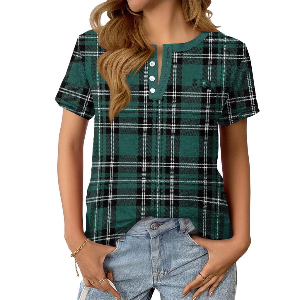 Dámský Módní Ležérní Letní Kostkovaný V-výstřih Knoflíky Krátký Rukáv Top
