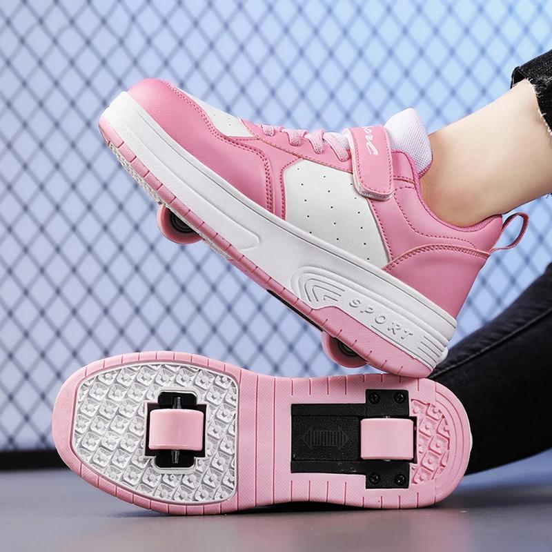Zapatillas Deportivas Infantiles con Dos Ruedas y Ruedas Desmontables Ultraligeras Unisex Zapatillas de Patín Para Adolescentes Niñas
