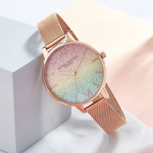 Authorized Retailer: OLIVIA BURTON Women's Watch, OB16RB18, Rainbow Glitter Dial & Rose Gold Mesh, 34mm