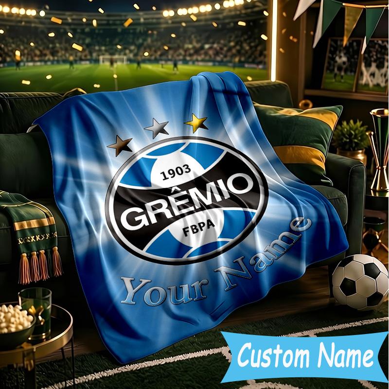 Custom Name Gremio Football Club Emblem Flannel Blanket, Use for Birthday/Holiday Gift, Soft Blanket for Sofa/Bed/Camping/Office, Home Decor