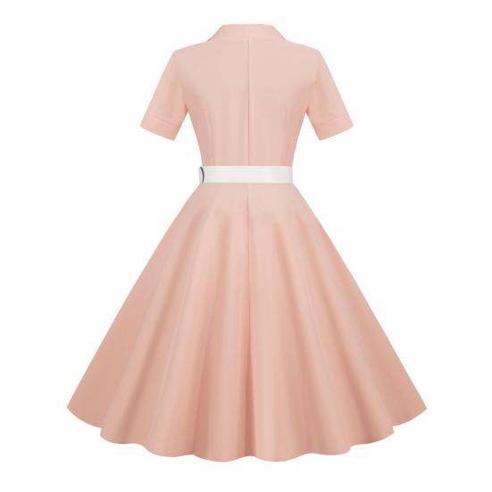 Dámské šaty, výstřih, klopa, jednořadý, s páskem, linie A, velký švih, úzký, vysoký pas, jednobarevné retro, krátký rukáv, princeznovské šaty ve stylu lady midi