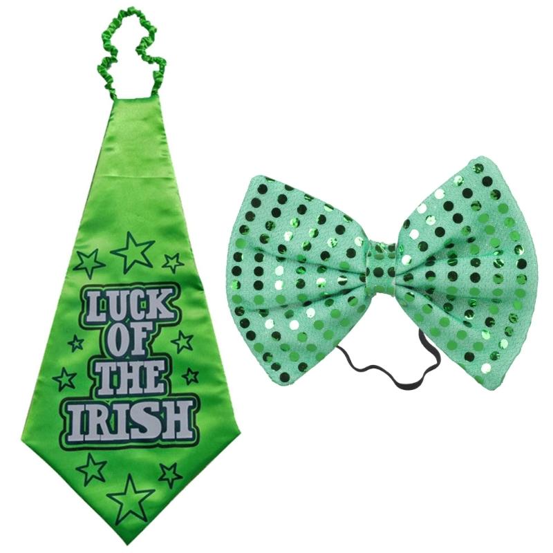 Saint Patrick's Day Novelty Lucky of the Irish Neck Tie and Sequins Bowtie Set for Festival Celebrations and Parties