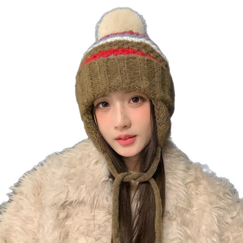 Koreańska Wersja Uniwersalnej Dzianinowej Czapki Wełnianej dla Kobiet Jesienią i Zimą Pogrubiona Wiatroszczelna Czapka na Uszy Wiązana Słodką Wełnianą Kulą Ciepła Czapka Nowa