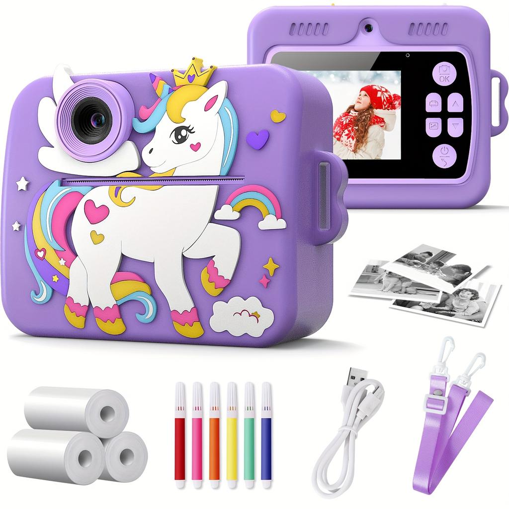 Kids Camera Instant Print with Silicone Cover, Creative Gifts for Girls Age 12+ Birthday , 1080P Digital Camera Toy