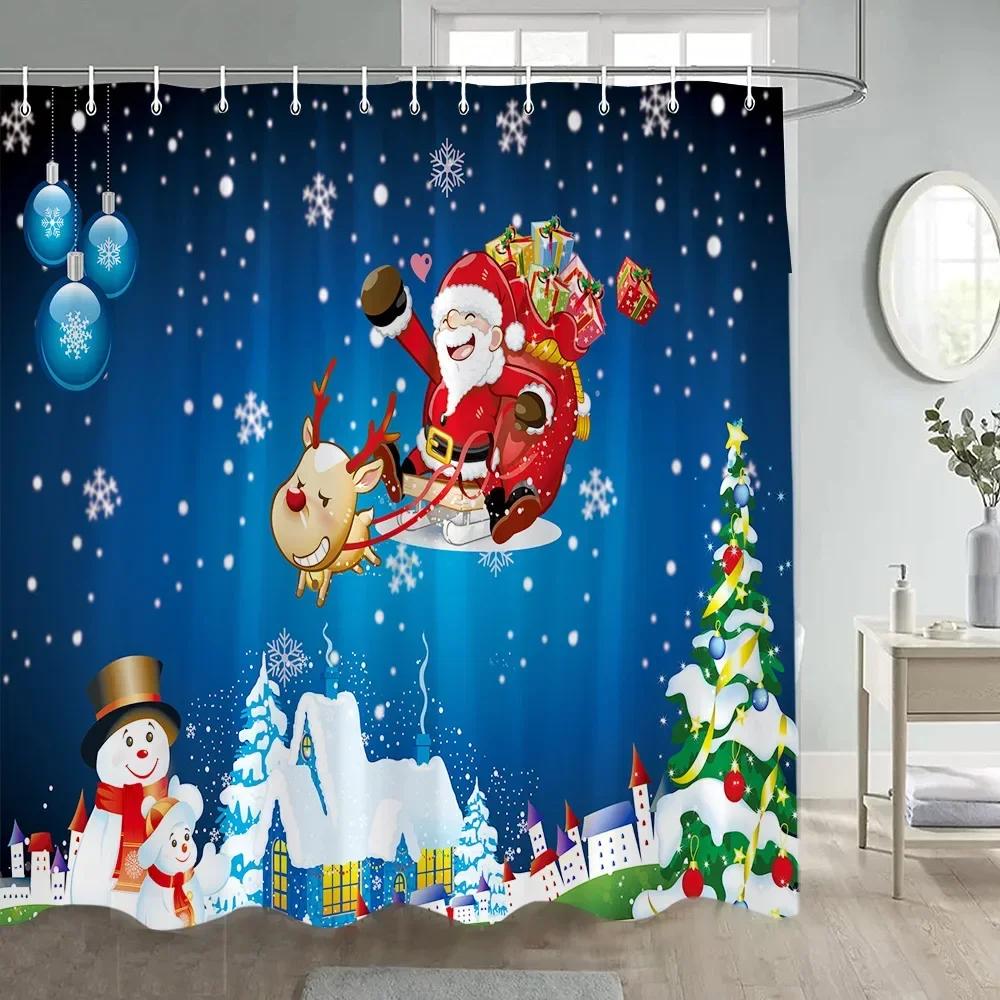 Christmas Shower Curtain Green Pine Branches Xmas Balls New Year Home Decor Polyester Fabric Bathroom Bath Curtains With Hooks