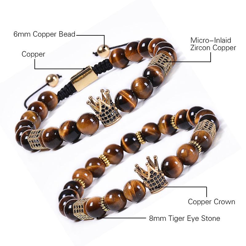 Natural Tiger Eye Stone Crown Bracelet, Natural Stone Copper Micro Inlaid with Zircon, Hexagonal Elastic Bracelet