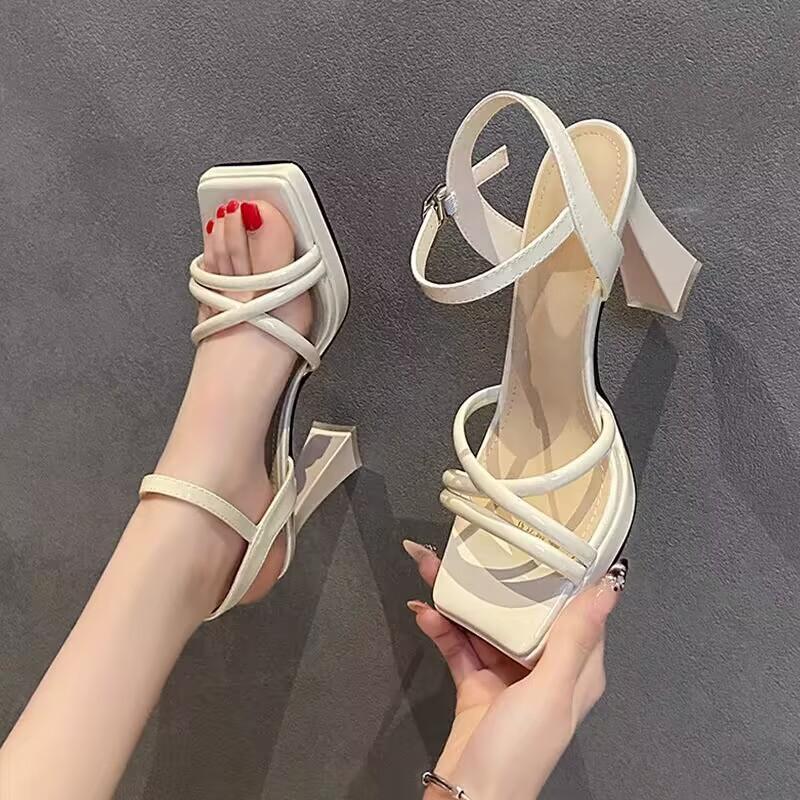 Fashion Square Heel Sandals Summer New Square Head Open Toe Thin Belt Waterproof Platform Anti-slip Wear-resistant High Heels
