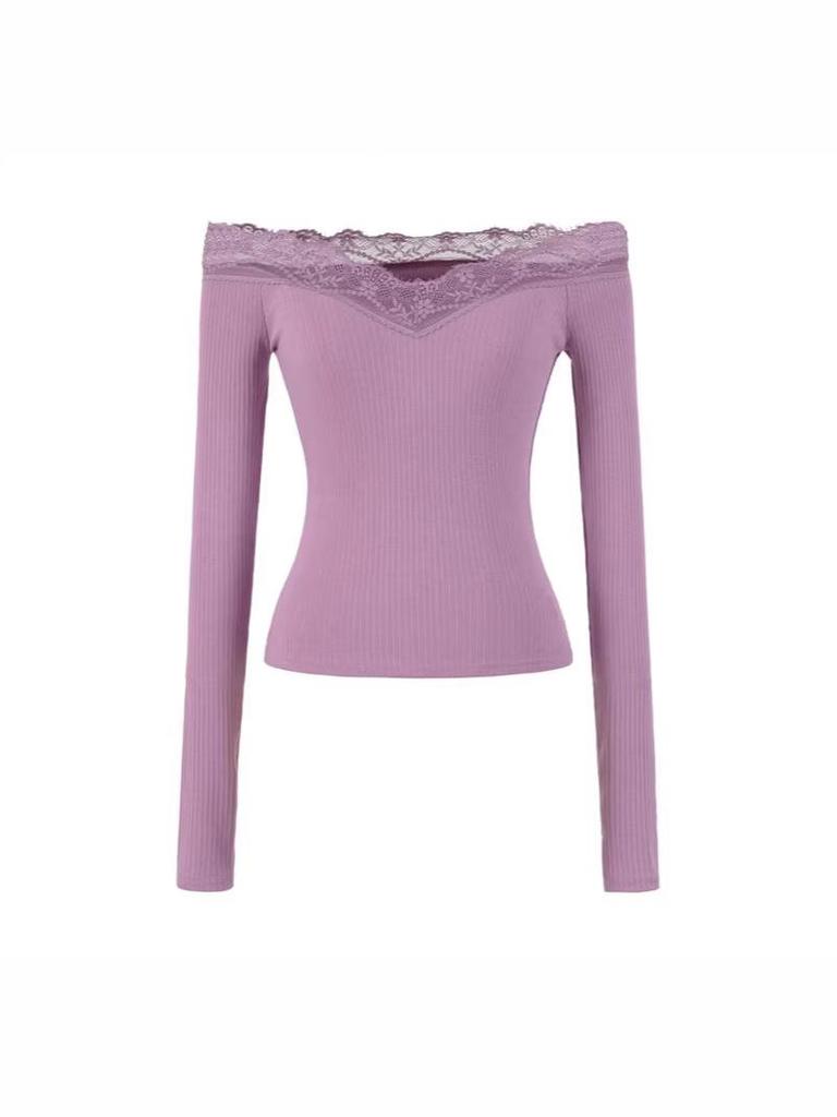Spicy Lace Off-Shoulder Crop Top: Women's One-Shoulder Long-Sleeve, Waist-Cinching, Sexy Style.