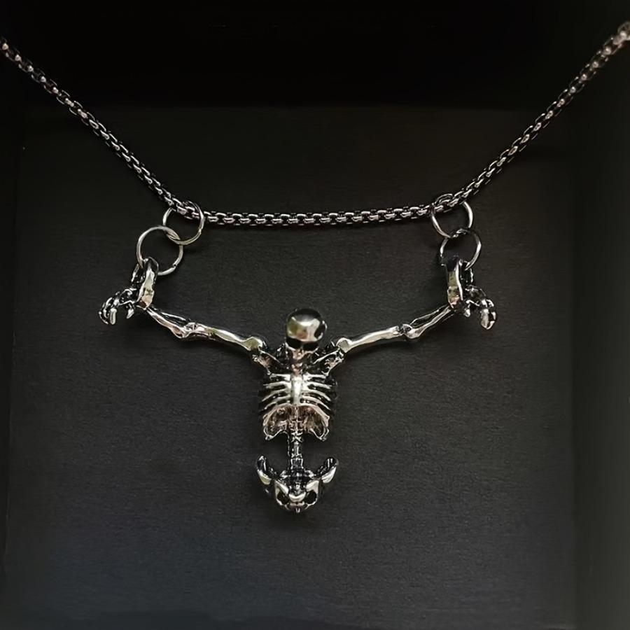 New Stylish Dark-Colored Skull Pendant Necklace, Unique Retro Punk Hip-Hop Skeleton Accessory for Halloween