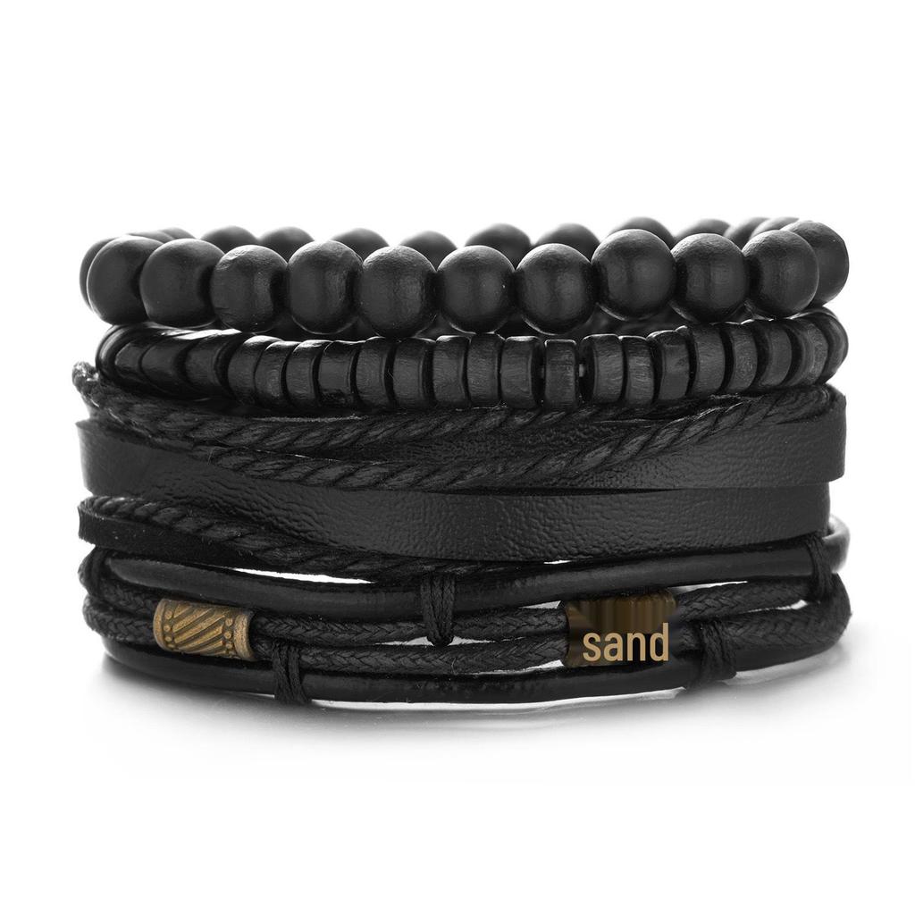 Men's Retro Multi-Strand Cowhide Anchor Bracelet Set with Wood Beads