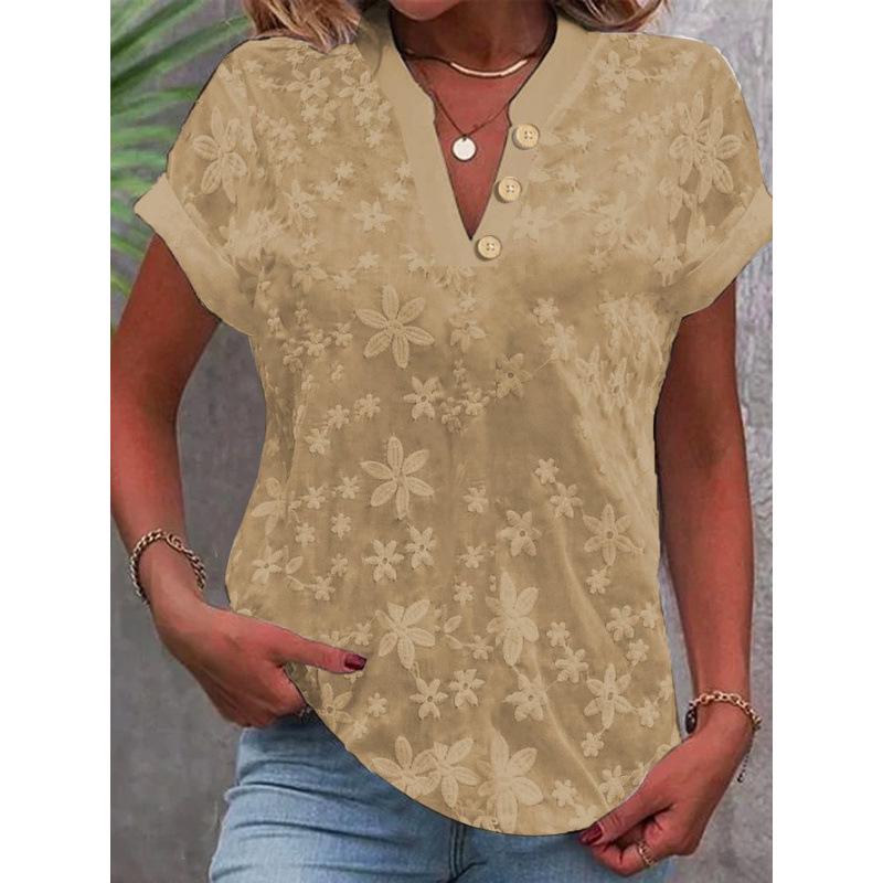

2025 Summer Women s Casual Solid V-Neck Short-Sleeve Shirt L