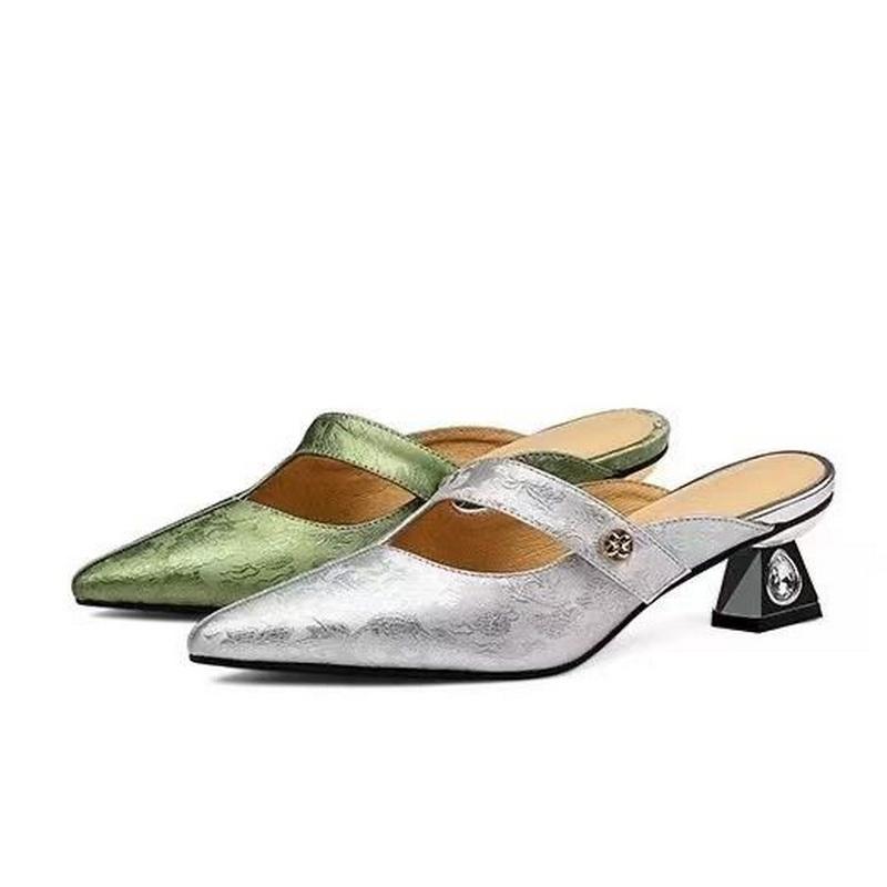 Fashion FHC 2024 New Microfiber Leather Mid Heels Slides,Women Slippers,Summer Shoes,Close Pointed Toe,Slip On,Green,Silver,Dropship