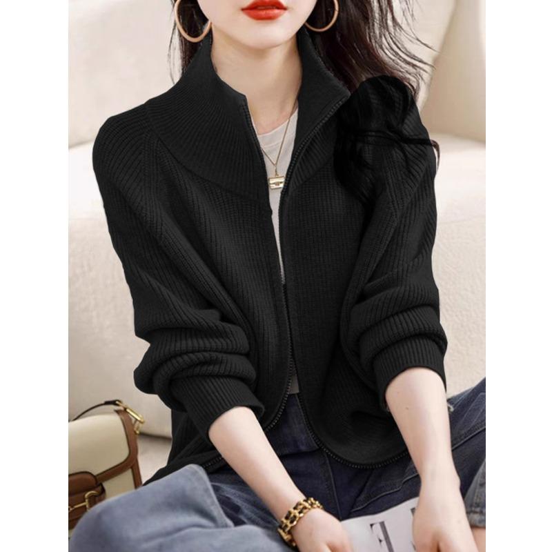 Autumn/Winter Fashion Cardigan Knitted Women Sweater Elegant Long Sleeve Zipper Loose Casual Office Top New Stand Collar Jacket
