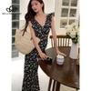 Spring Summer New French Style Rose Floral Black Printed Dress Long Ruffled V-Neck Flying Sleeve Long Dress