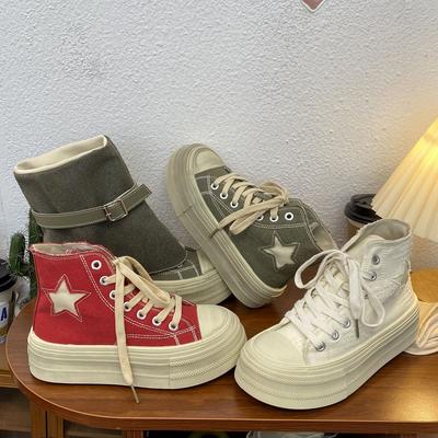 Women'S Summer Footwear Students High-Top Platform Canvas Shoes Vintage Stitching Lace-Up Casual Board Shoes Chunky Sneakers