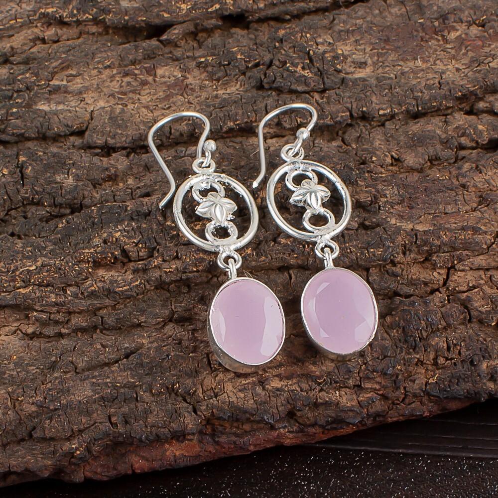Rose Chalcedony Gemstone 925 Sterling Silver Jewelry Handmade Earrings 2.00" EE-17-13