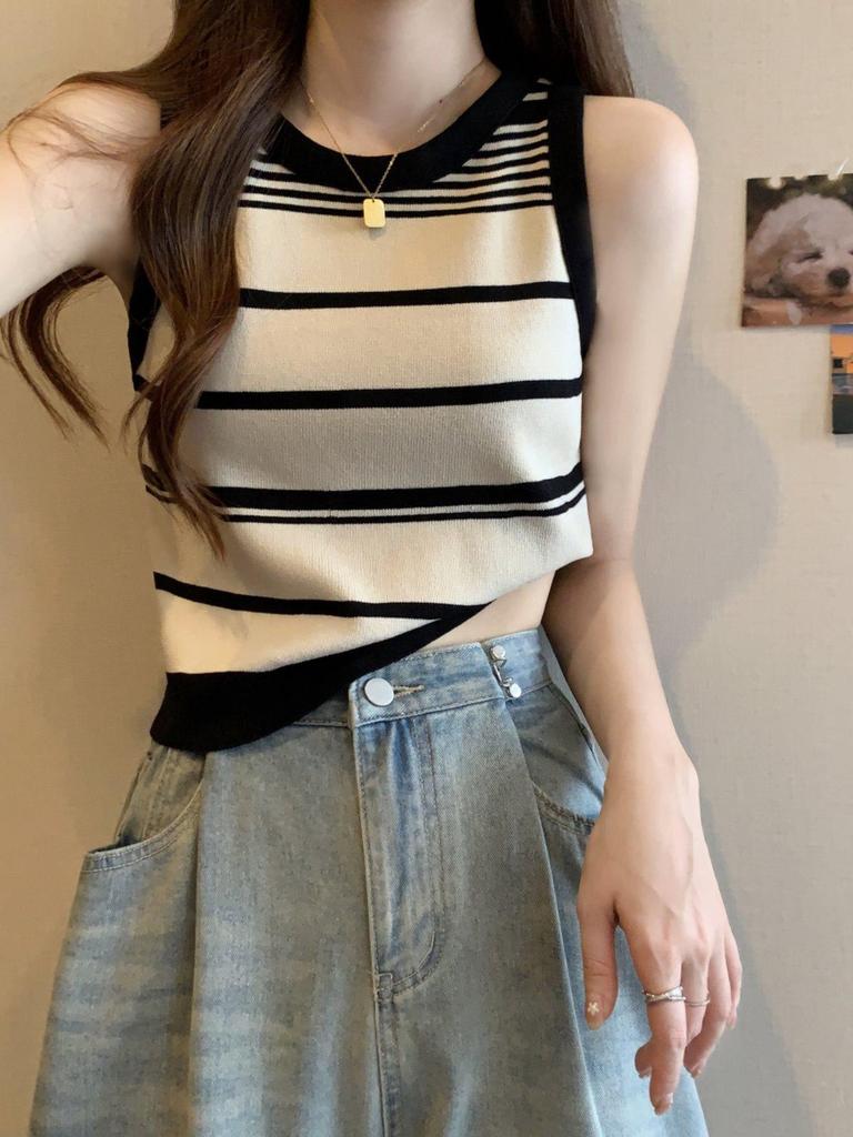 Women's French Retro Striped Knitted Tank Top - Color Block Sleeveless Base Shirt