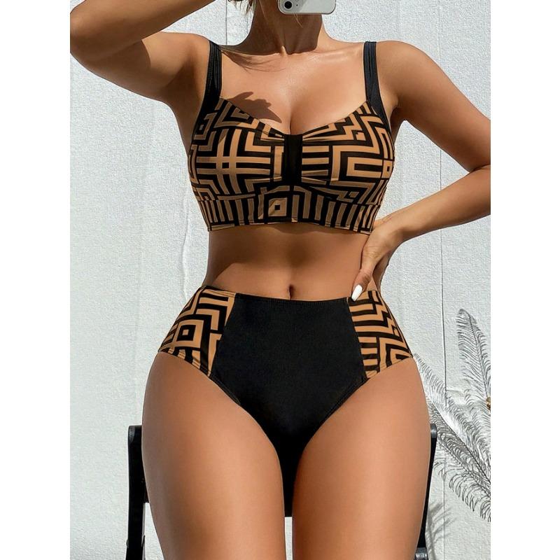 Women Geometric Print High Waist Bikini Set Black White Contrast Color 2 Piece Swimsuit