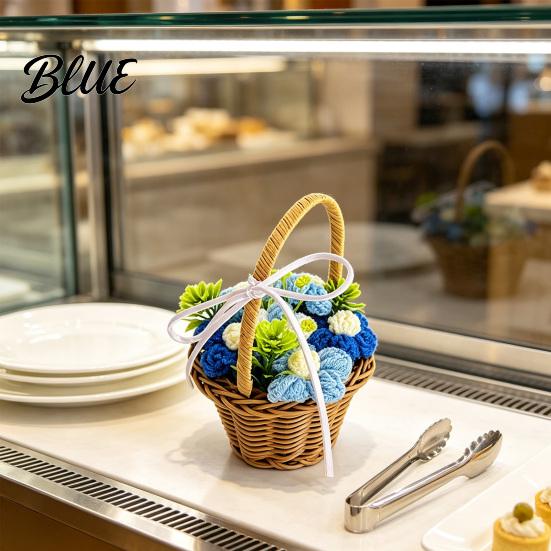 Souvenir for Teacher's Day Hand Knitted Wool Flower Basket, Decorative Mini Crocheted Floral with Home Accents Counter Ribbon, Plant Ornament