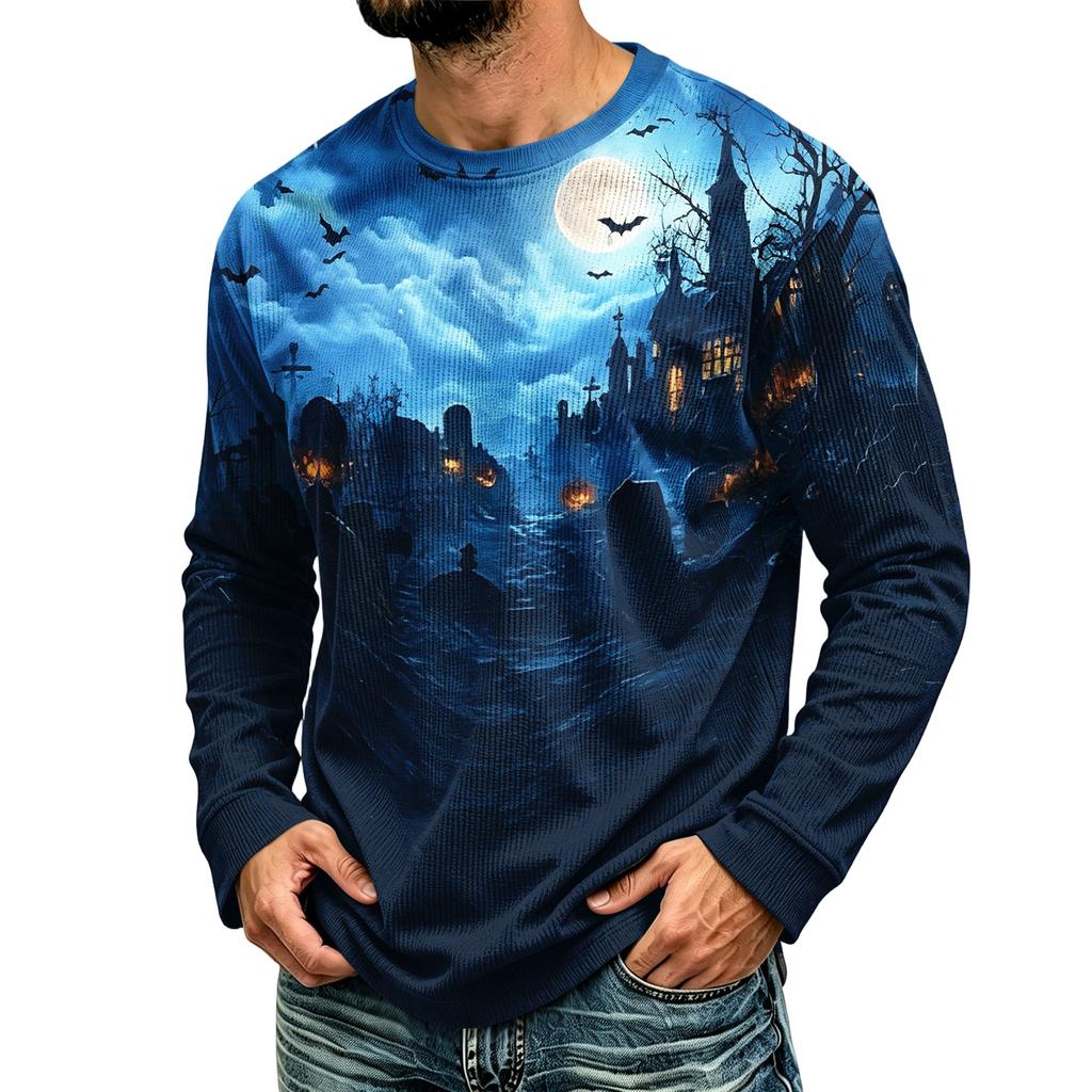 Men's Corduroy Long Sleeve Neck Shirt Halloween Print Casual Pullover Top
