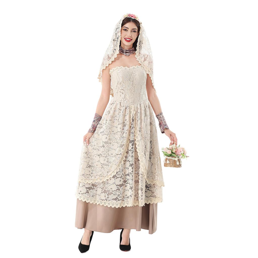 Halloween costume medieval court style lace nun ghost bride vintage dress carnival horror dress