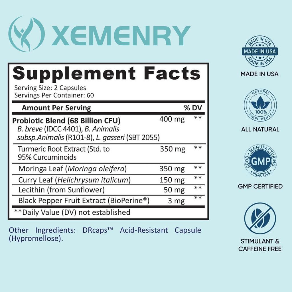XEMENRY Premium Probiotische Kapseln, Kurkuma-Komplex, 95% Curcumin, Moringa, Nahrungsergänzungsmittel, Geeignet für Männer und Frauen