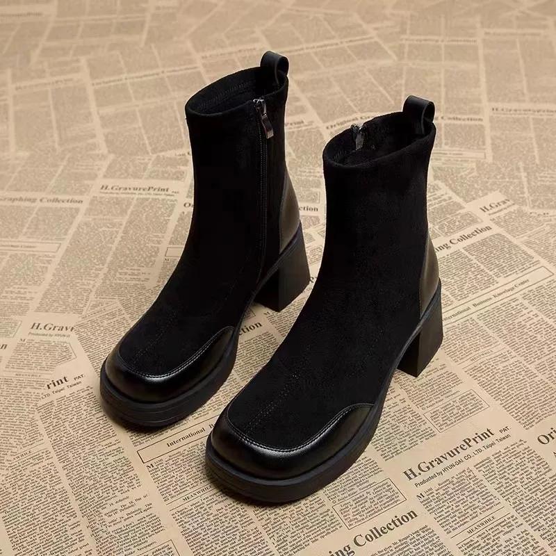 Women Platform Knitting Elastic Sock Boots Round Toe Slip On High Boots Woman Chunky Heeled Autumn Casual Platform Botas Mujer