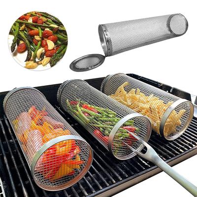 New Grill Basket BBQ Basket Rolling Stainless Steel Grill Mesh Barbeque Supplies Portable Easy Cleaning for Outdoor Camping Grilling