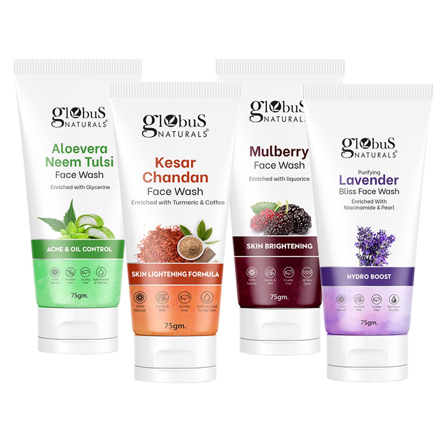 Globus Naturals Face Wash Combo- Aloe Vera Neem Tulsi, Kesar Chandan, Mulberry, Lavender, Face Wash, Set Of 4, 75 gm