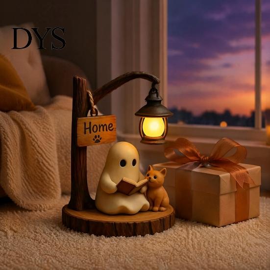 Statua Fantasma Gatto in Resina Halloween Statuetta da Lettura, Statua con Lampione Stradale Illuminato a LED, Decorazione da Scrivania per Festa di Compleanno Decorativa