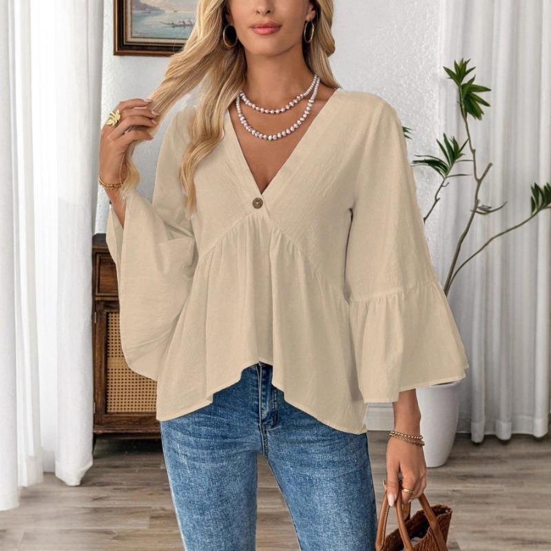 Spring Summer V-neck Elegant Loose Ruffled Women Blouse Half Sleeve Simple Casual Blouse Female New Solid Color Lotus Leaf Tops Office Sweet Clothing