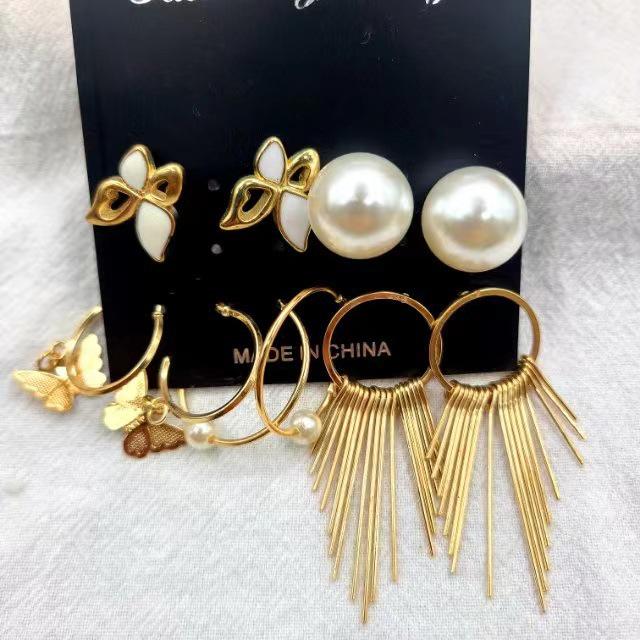Gold-Pearl Punk Hoop Earrings Set for Women