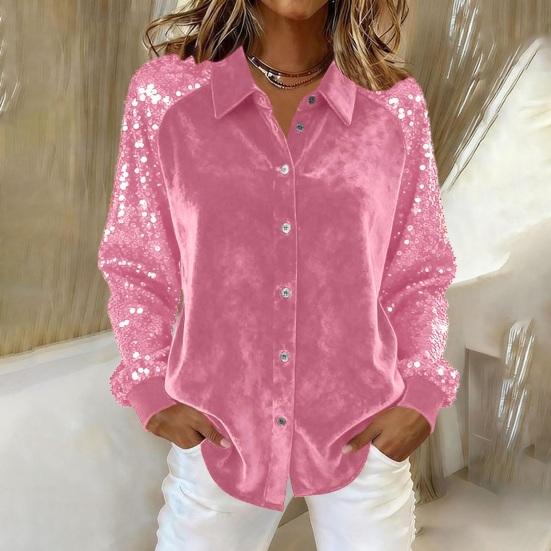 Yousheng Women Shirt Button-Down Lapel Long Sleeve Shirt Tops Solid Color Loose Fit Shiny Sequins Sleeve Velvet Shirt Cocktail Party Wear