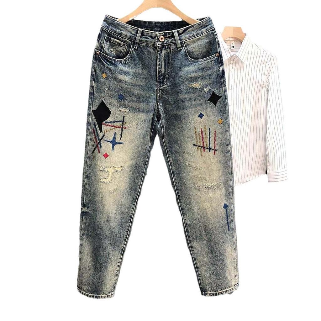 Men's American Street Style Washed Distressed Jeans – Straight Loose Fit, Spring/Autumn, European Vibe Long Pants