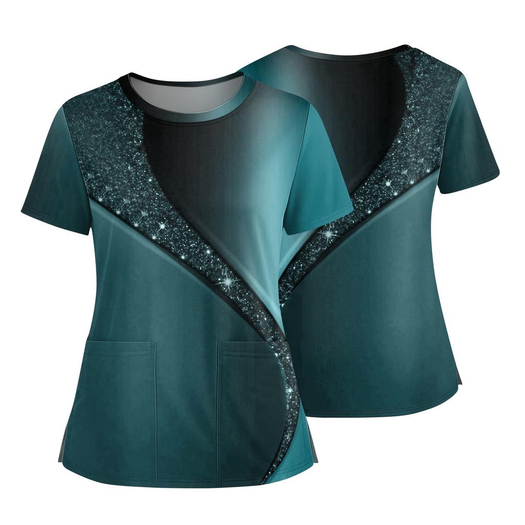 Women's Fashionable Printed Round Neck Pocket Short Sleeved Shirt With Slit Hem Uniform And Worker's Top